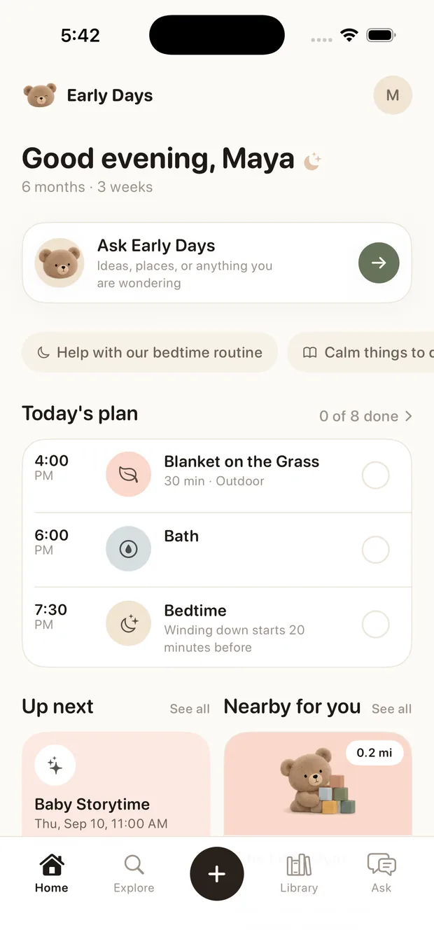 The Early Days home screen, showing today's plan